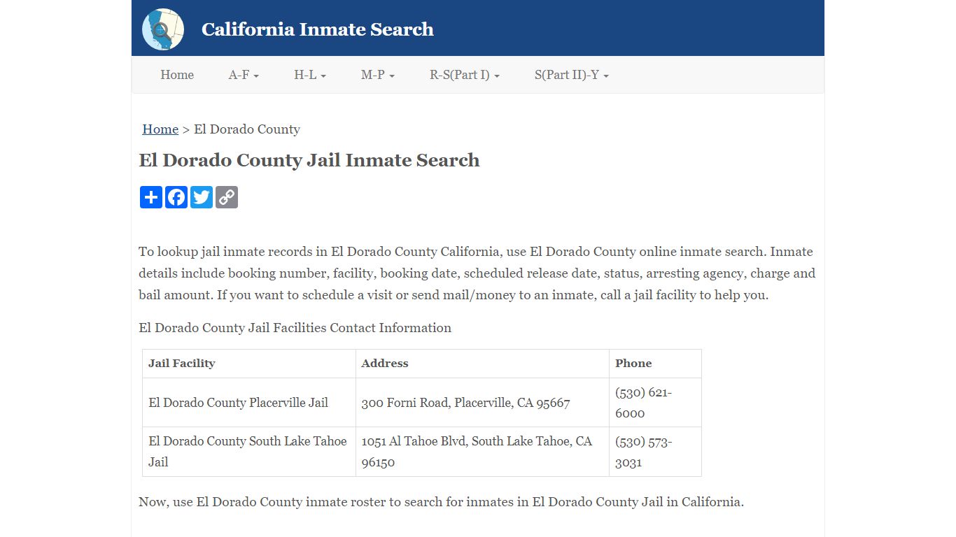 El Dorado County Jail Inmate Search